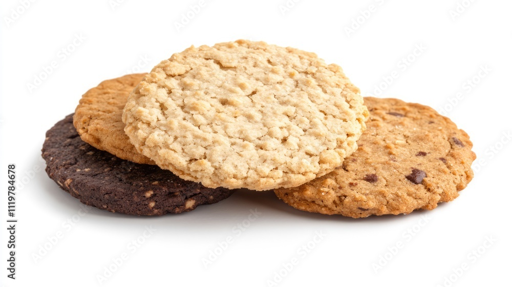 Assorted cookies in various flavors including chocolate chip, oatmeal, and plain, arranged neatly on a clean white background, snack, dessert, culinary, sweet treats. Assorted cookies in various flavors including chocolate chip, oatmeal, and plain, arranged neatly on a clean white background, snack, dessert, culinary, sweet treats.