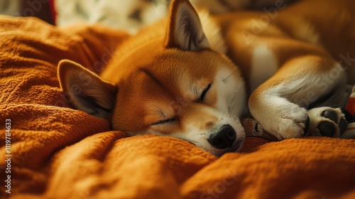 Sleeping dog curled in a cozy orange blanket, peacefully resting with eyes closed, showcasing a serene indoor atmosphere, pets, canine, relaxation, comfort, warmth. photo