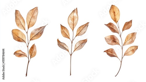 Dried leaves arrangement on a clean white background showcasing natural textures and earthy tones for design and decor purposes