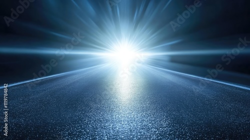 Illuminated dark road leading towards a bright light source, symbolizing hope and imagination, ideal for future concepts, abstract, and inspirational themes.