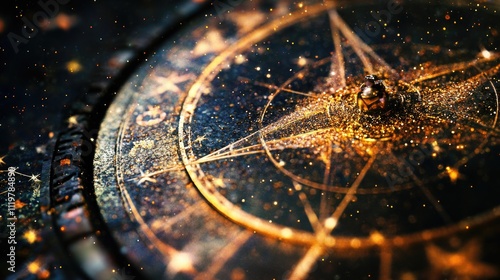 A detailed view of a clock face with a bright star shining behind it, perfect for use in designs related to time, astronomy or celestial themes photo