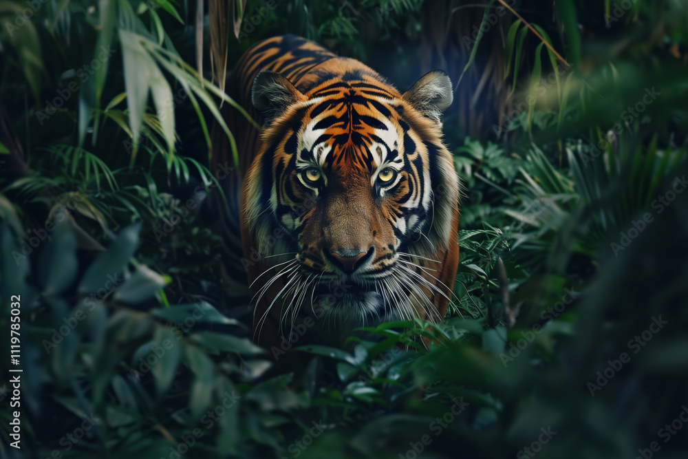 A tiger prowling through a dense jungle, its vibrant stripes blending with the shadows as it moves silently through the undergrowth. A tiger prowling through a dense jungle, its vibrant stripes blending with the shadows as it moves silently through the undergrowth.