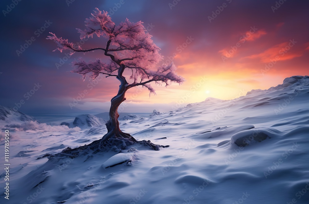 a tree next to a snow covered mountain with a sun a tree next to a snow covered mountain with a sun