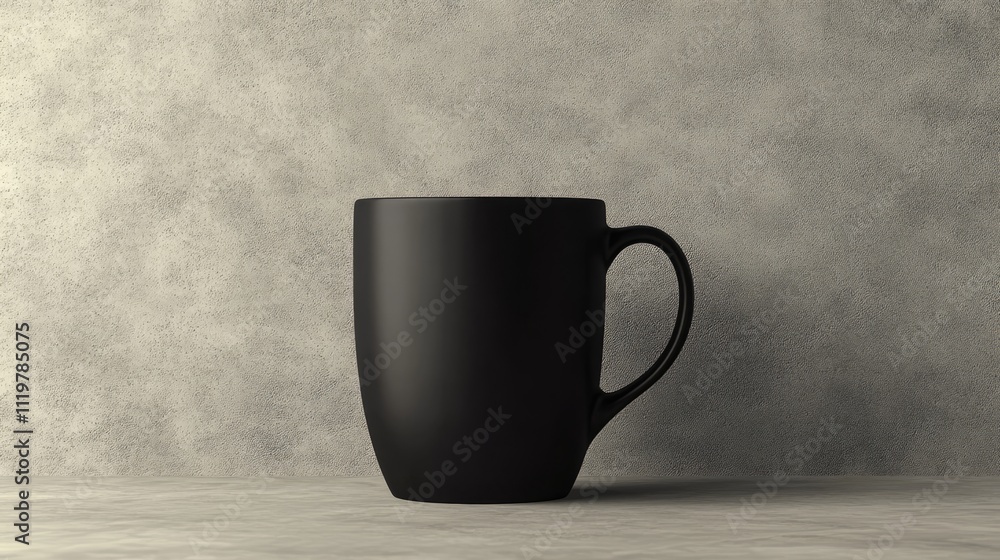 Curved black ceramic mug positioned on a textured grey background, highlighting its smooth surface and elegant shape, mockup, product showcase, minimalistic design.