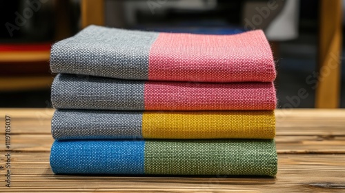 Colorful fabric swatches showcasing modern upholstery options for furniture in a stylish interior design store setting photo