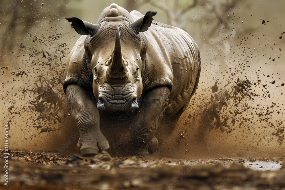 A rhinoceros charging through a muddy terrain, its powerful muscles and determination evident as splashes of mud fly in every direction. A rhinoceros charging through a muddy terrain, its powerful muscles and determination evident as splashes of mud fly in every direction.