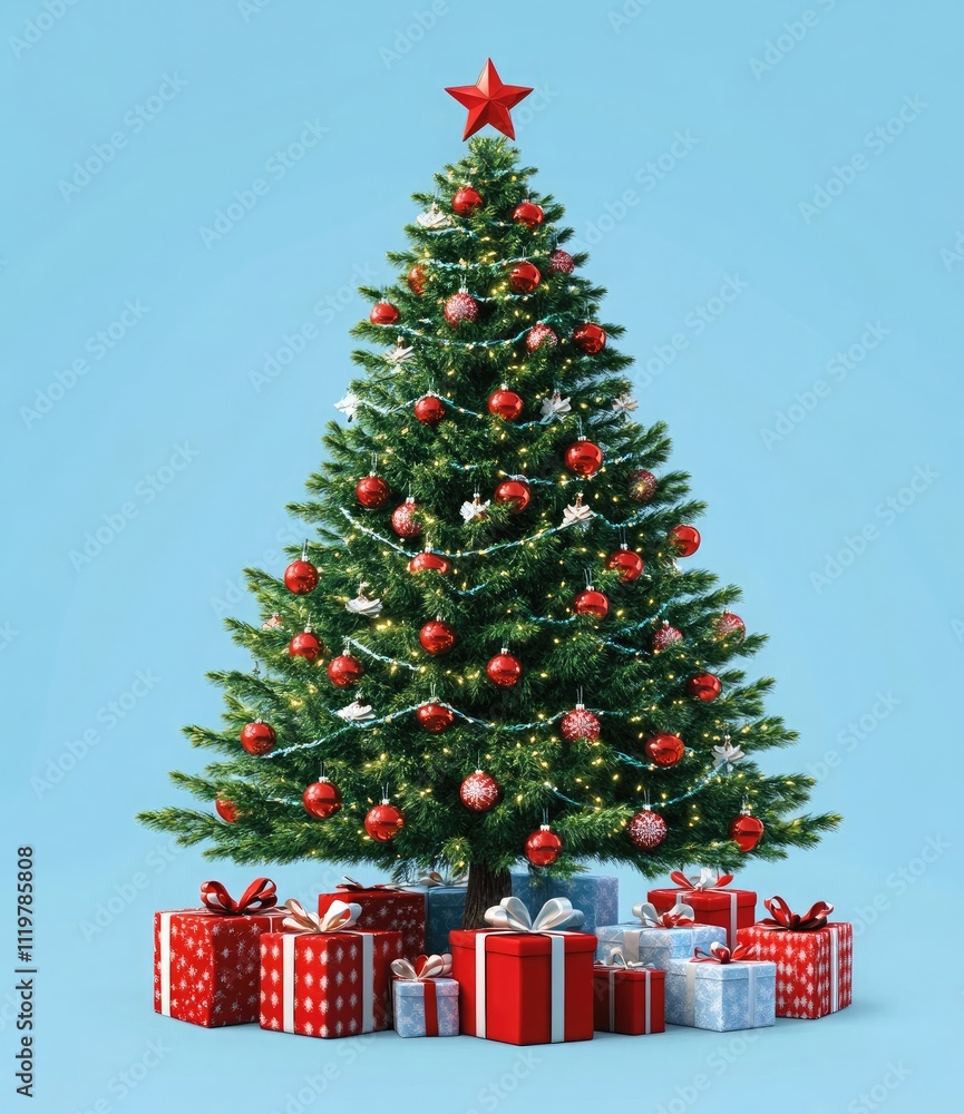 A Christmas tree with gifts, isolated on a blue background A Christmas tree with gifts, isolated on a blue background