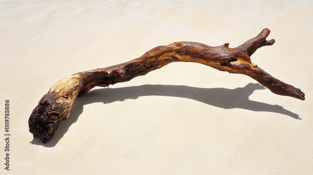 Obraz premium Driftwood piece resting on pristine sandy beach under sunlight creating natural coastal ambiance