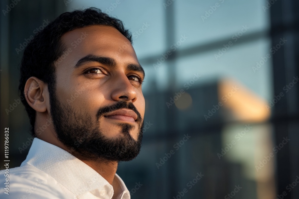 Young man gazes confidently toward the horizon against a modern city backdrop during golden hour Young man gazes confidently toward the horizon against a modern city backdrop during golden hour