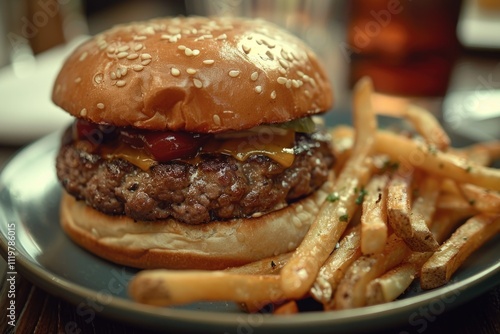 Wallpaper Mural A plate with a juicy hamburger and crispy French fries, perfect for a casual meal or snack Torontodigital.ca