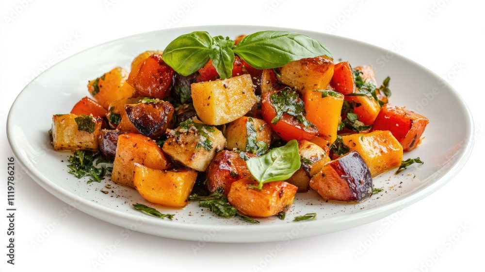 Colorful roasted vegetable medley with fresh basil leaves served on a white plate for healthy eating and gourmet meal presentation Colorful roasted vegetable medley with fresh basil leaves served on a white plate for healthy eating and gourmet meal presentation
