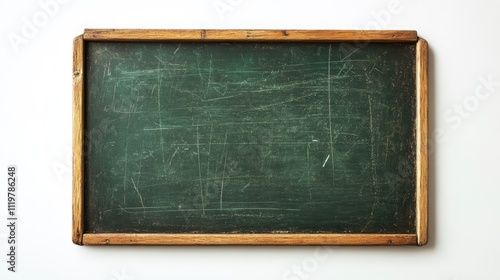 Vintage chalkboard with scratches and marks on a clean white background, perfect for educational or nostalgic themes. photo