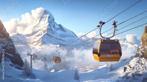 A scenic view of the Matterhorn mountain in Switzerland with a gondola lift in the foreground. photo