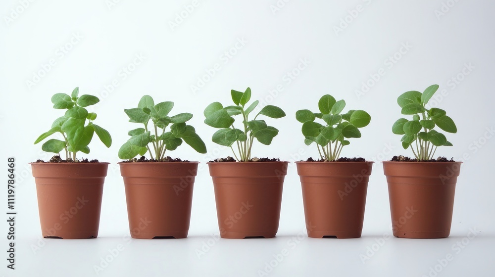 Five small green plants in brown pots against a clean white background showcasing growth and nature's simplicity. Five small green plants in brown pots against a clean white background showcasing growth and nature's simplicity.