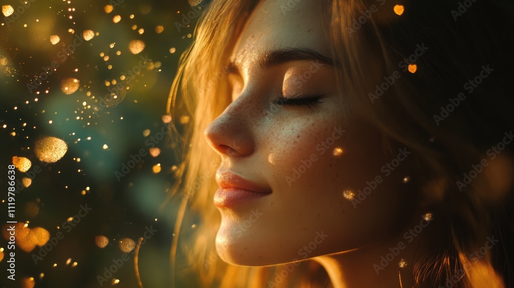 Dreamy moment of a serene woman with closed eyes immersed in a tranquil atmosphere surrounded by soft light and glowing particles Dreamy moment of a serene woman with closed eyes immersed in a tranquil atmosphere surrounded by soft light and glowing particles