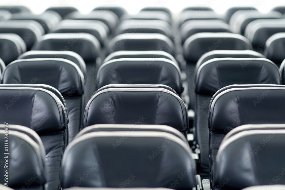 Fototapeta premium Rows of black leather seats on an airplane interior