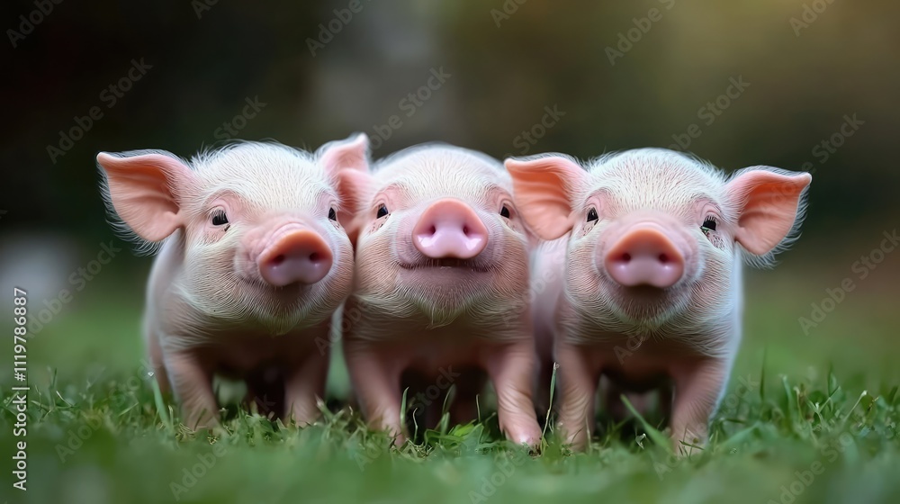 Three adorable piglets standing playfully on lush green grass, gently nudging each other, captured in soft natural light, farm animals, wildlife, innocence, charm. Three adorable piglets standing playfully on lush green grass, gently nudging each other, captured in soft natural light, farm animals, wildlife, innocence, charm.