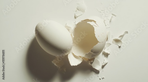 Cracked eggshell revealing the inner egg on a clean white background highlighting freshness and culinary potential in food photography. photo