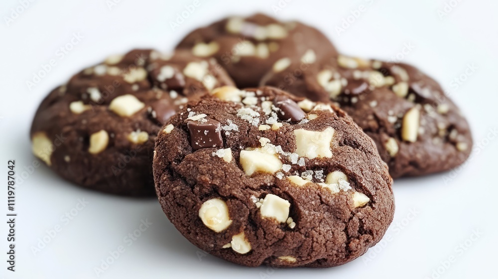 Delicious chocolate cookies with white chocolate chunks and sea salt isolated on clean white background for dessert and baking concepts Delicious chocolate cookies with white chocolate chunks and sea salt isolated on clean white background for dessert and baking concepts