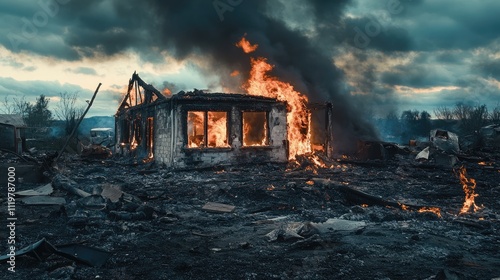 Ravaged by Flames Devastated House in Charred Landscape Surrounded by Smoke and Ashes