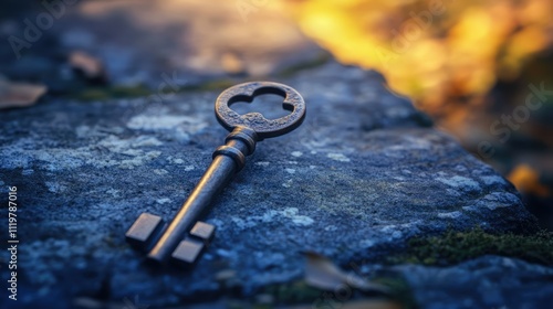 Experience and competence symbolized by an old key resting on a mossy stone in a natural setting with soft lighting effects