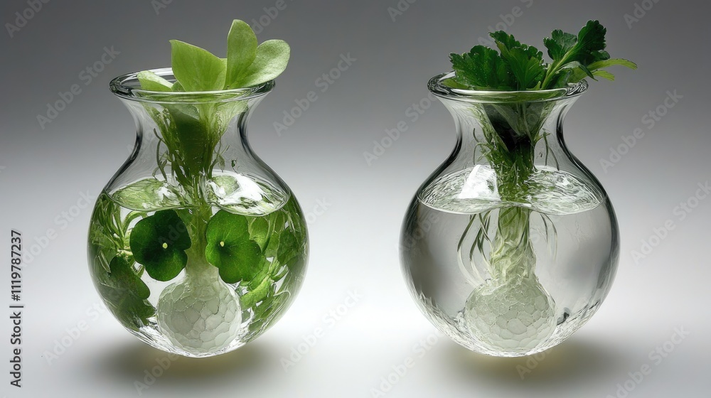 Renewable energy concept plant growing in glass vases showcasing sustainable environmental protection and green technology themes Renewable energy concept plant growing in glass vases showcasing sustainable environmental protection and green technology themes