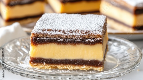 Wallpaper Mural Homemade Espresso Nanaimo Bar Pastry with Powdered Sugar on Glass Plate Against White Table Background Torontodigital.ca