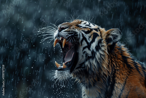 A tiger roaring in the pouring rain, its powerful form drenched but undeterred, with raindrops flying off its fur. photo