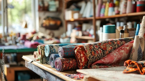 Wallpaper Mural Colorful rolled fabric pieces arranged on a wooden desk in a craft workshop, surrounded by sewing supplies and tools, ideal for DIY, home sewing, textile arts, and creative projects. Torontodigital.ca