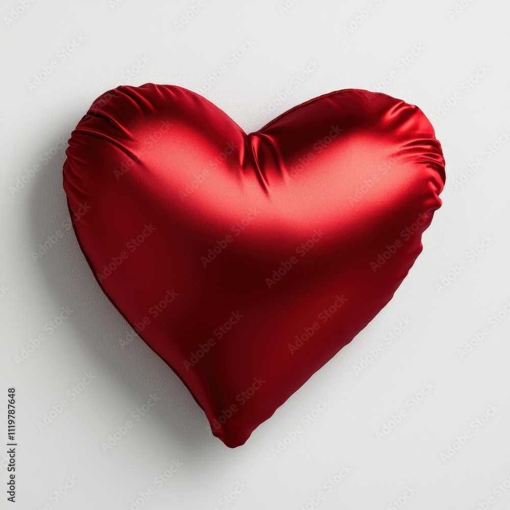 A red heart made of fabric is sitting on a white background