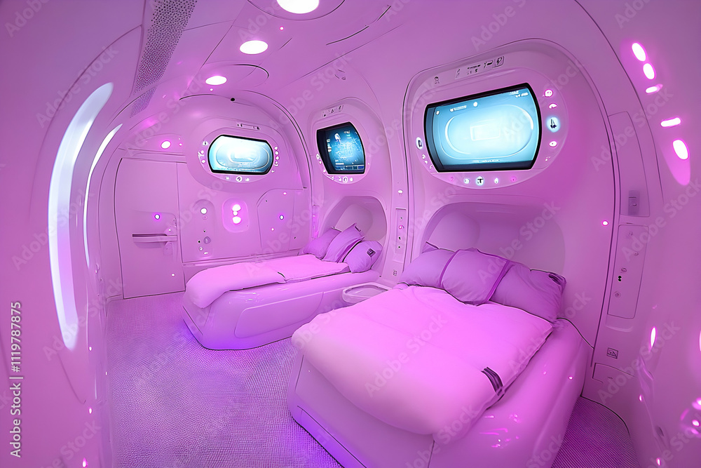 Futuristic pink bedroom with two beds, screens, and ambient lighting. Futuristic pink bedroom with two beds, screens, and ambient lighting.