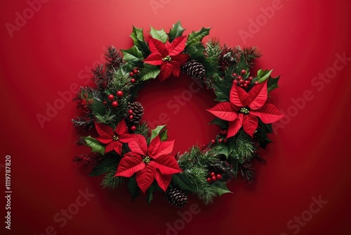 A Christmas wreath with red poinsettias, green evergreen leaves, and pine cones, isolated on a red background