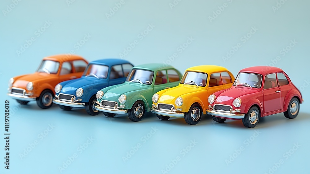 Colorful toy cars are displayed on a light blue background Colorful toy cars are displayed on a light blue background