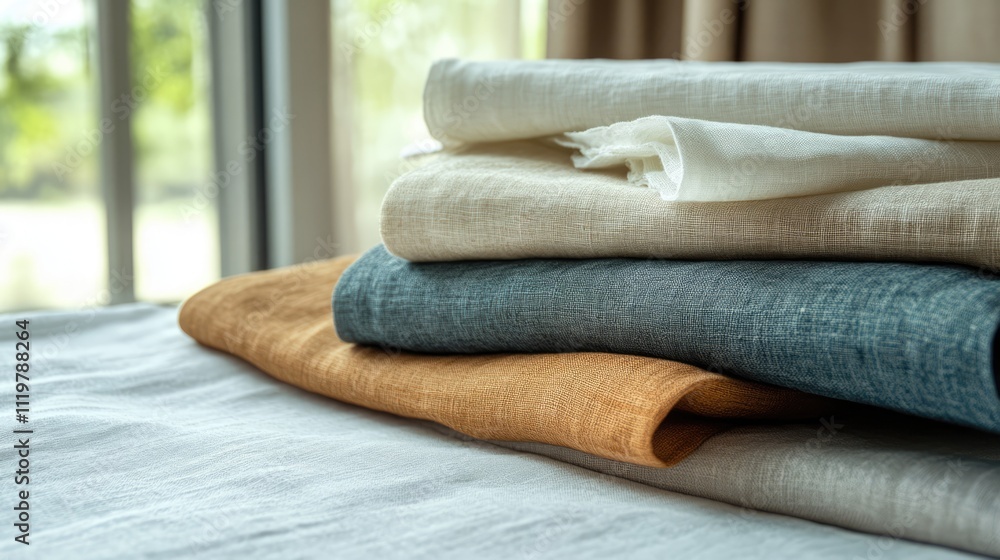 Elegant stacked flax linen bed sheets showcasing cozy bedroom decor and stylish home interior design elements for a modern aesthetic. Elegant stacked flax linen bed sheets showcasing cozy bedroom decor and stylish home interior design elements for a modern aesthetic.