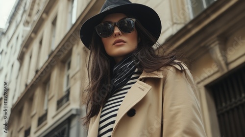 Fototapeta Naklejka Na Ścianę i Meble -  Stylish woman in trench coat and hat, standing on Parisian street.