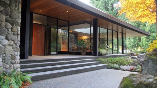 Wallpaper Mural Covered porch featuring a stone column and a contemporary glass front door, surrounded by lush greenery and autumn foliage, architectural design, modern home entrance, Northwest USA. Torontodigital.ca