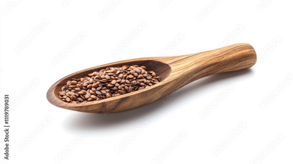 Flax seeds in a wooden scoop isolated on a white background showcasing natural nutrition and healthy food ingredients Flax seeds in a wooden scoop isolated on a white background showcasing natural nutrition and healthy food ingredients