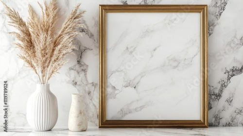 Empty picture frame on marble background with minimalist decor featuring vases and dried flowers ideal for elegant home interior design