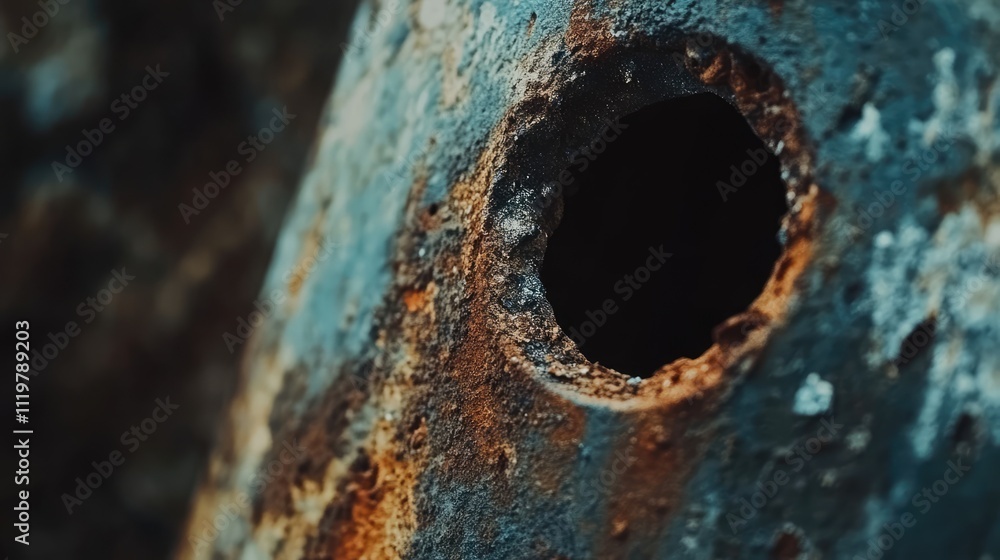 Rusty iron surface featuring a prominent hole showcasing intricate textures and aged deterioration in a close-up shot. Rusty iron surface featuring a prominent hole showcasing intricate textures and aged deterioration in a close-up shot.