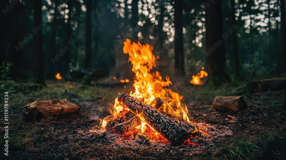 Majestic forest fire showcasing vibrant flames amidst trees and logs in a natural woodland setting at dusk Majestic forest fire showcasing vibrant flames amidst trees and logs in a natural woodland setting at dusk