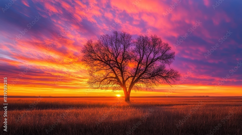 A lone tree silhouetted against a vibrant sunrise over a field of tall grass, with a dramatic sky of pink, purple, and orange hues. A lone tree silhouetted against a vibrant sunrise over a field of tall grass, with a dramatic sky of pink, purple, and orange hues.