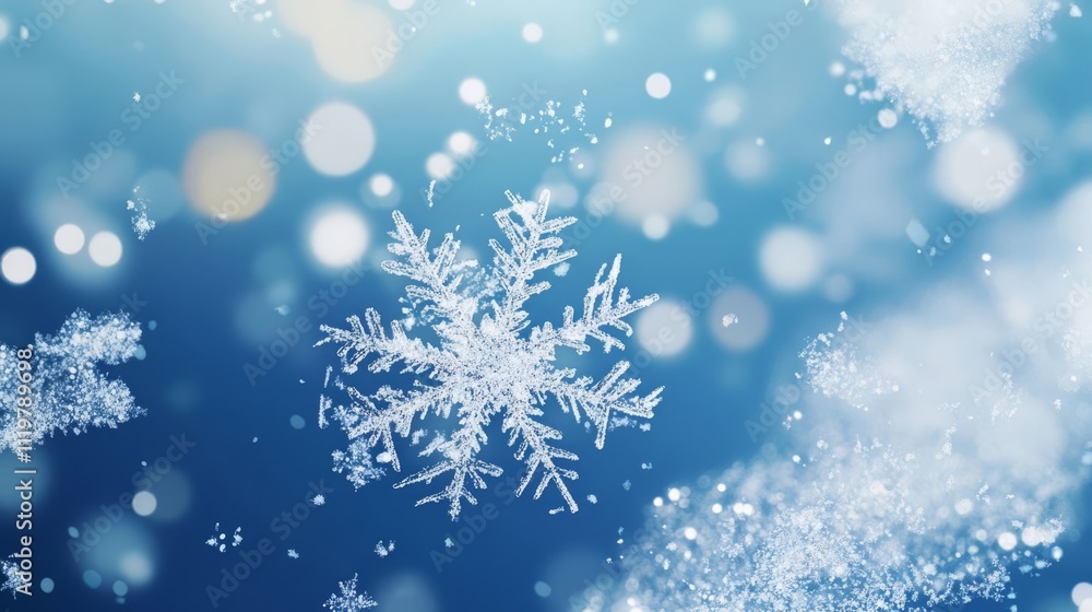 Abstract background with snowflakes and bokeh lights on a blue background. Christmas concept. Snowy winter scene. Abstract background with snowflakes and bokeh lights on a blue background. Christmas concept. Snowy winter scene.