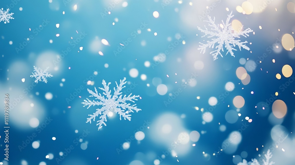 Abstract background with snowflakes and bokeh lights on a blue background. Christmas concept. Snowy winter scene. Abstract background with snowflakes and bokeh lights on a blue background. Christmas concept. Snowy winter scene.