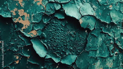 Weathered turquoise paint peeling from a metal wall surface, revealing textures and patterns, contrasted against a dark background, details, abstract, grunge, close-up. photo