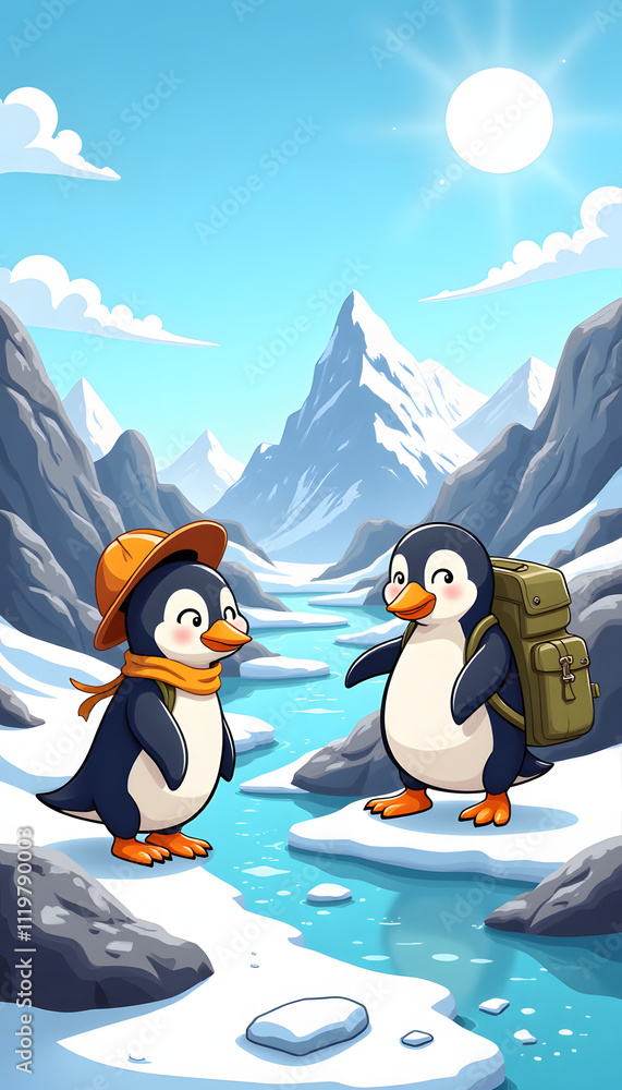 Obraz premium Illustrative cartoon-style image of penguin explorers on an adventure in Antarctica, vibrant setting under a sunny sky 