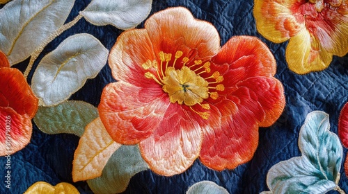 Elegant close-up of embroidered floral textile showcasing vibrant colors and intricate patterns on a luxurious fabric background. photo