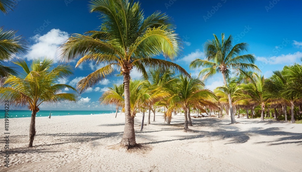 Schattenspendende Palmen an einem wunderschönen Sandstrand mit Blick aufs Meer. Urlaubshintergrund. Schattenspendende Palmen an einem wunderschönen Sandstrand mit Blick aufs Meer. Urlaubshintergrund.