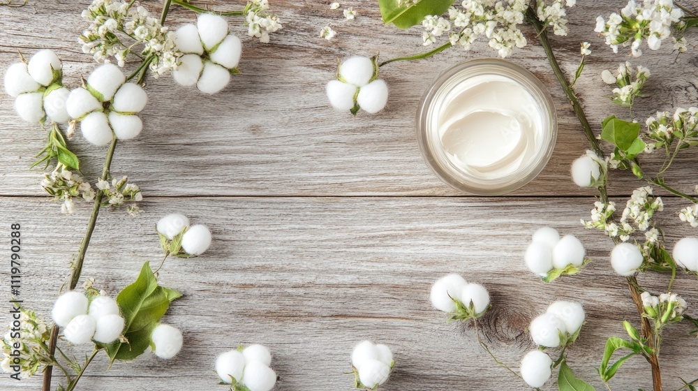 Luxury face cream surrounded by delicate flowers and cotton balls on wooden background showcasing natural skincare and spa aesthetics Luxury face cream surrounded by delicate flowers and cotton balls on wooden background showcasing natural skincare and spa aesthetics