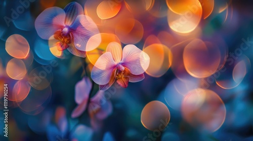 Defocused abstract background featuring blooming orchids in a vibrant home garden setting illuminated by colorful bokeh lights photo