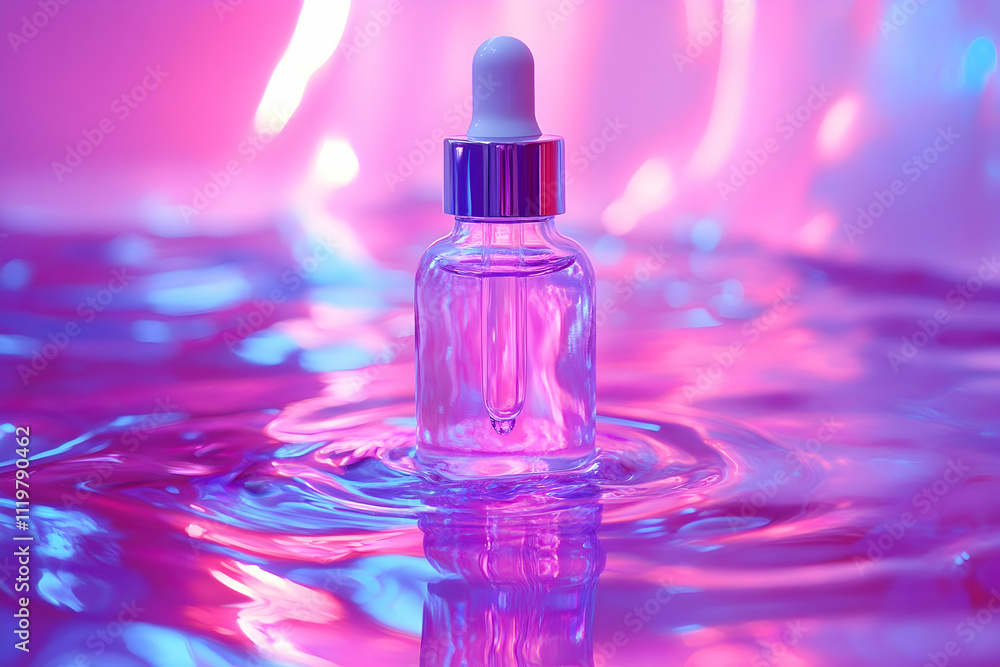 Glass dropper bottle with liquid on iridescent surface. Glass dropper bottle with liquid on iridescent surface.